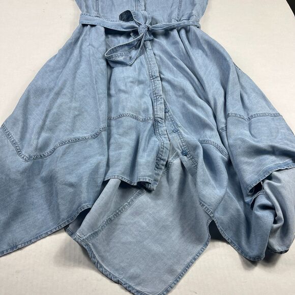 DKNY Cap Short Sleeve Chambray Dress Size 2 Blue Belted Asymmetrical Hem Midi - Picture 2 of 11